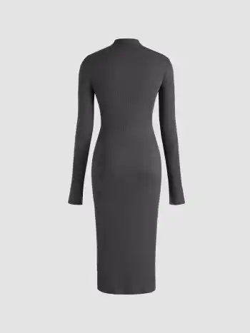 Hochgeschlossenes Unifarbenes Gerafftes Midikleid