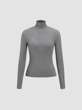 Solid High Neck Knitted Long Sleeve Top