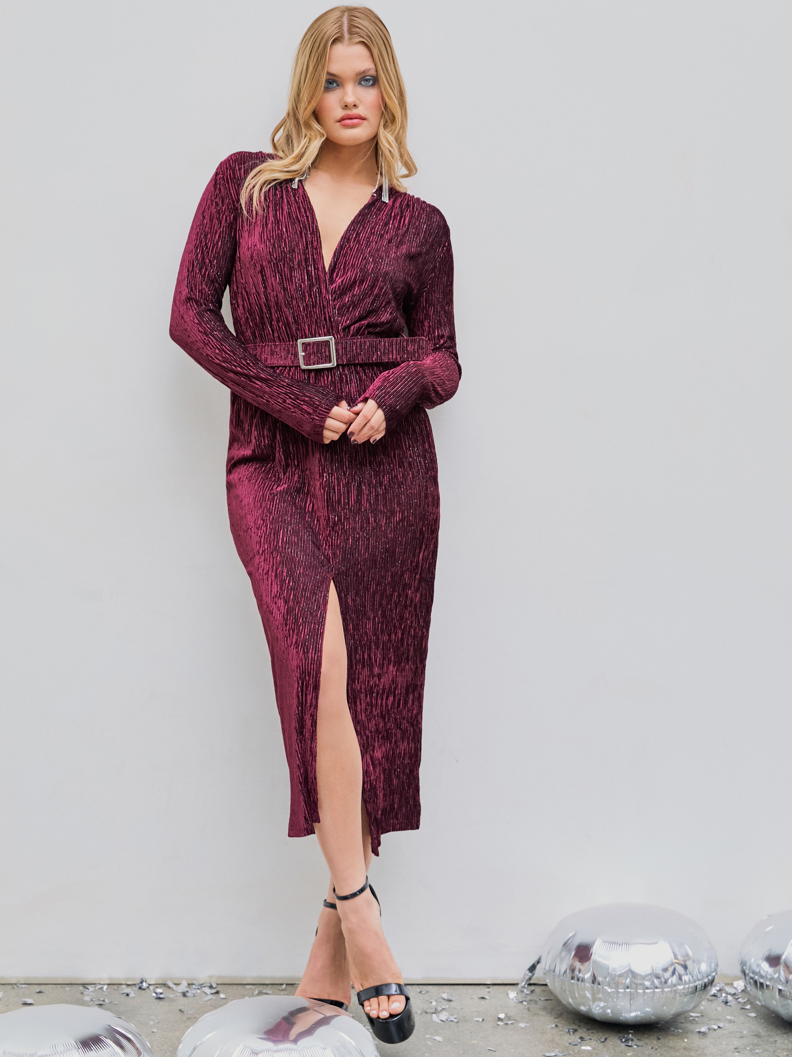 Cider◆ベルベット Vネック バックレス ミディドレス【送料込】 Velvet Velvet V-neck Belted Split Midi Dress For Party/Clubbing