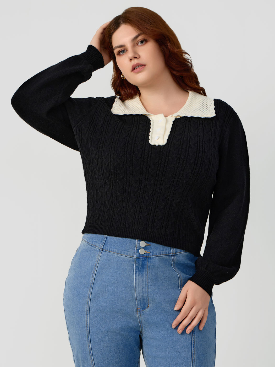 Knit Collar Contrasting Trim Long Sleeve Top Curve & Plus