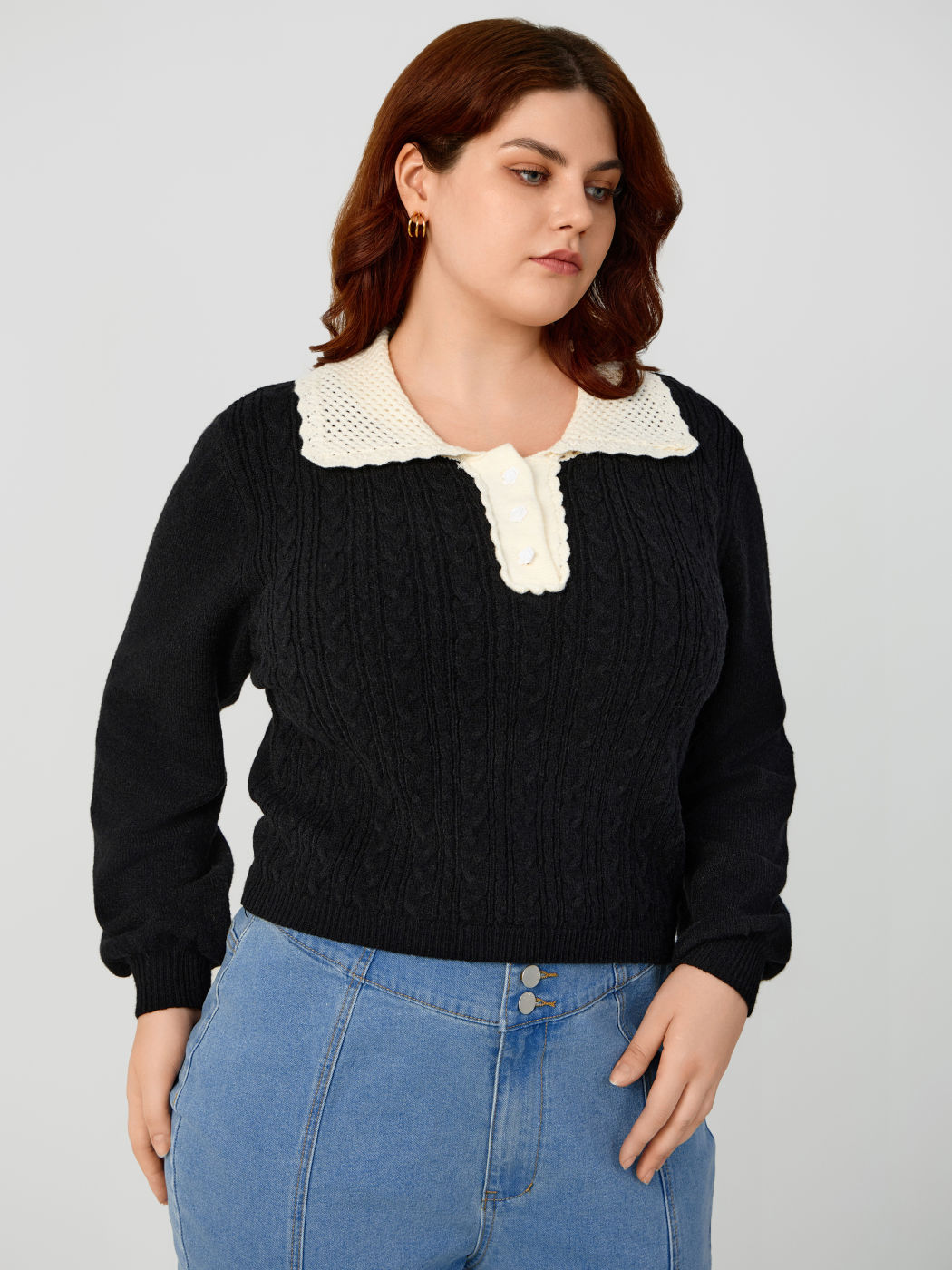 Knit Collar Contrasting Trim Long Sleeve Top Curve & Plus