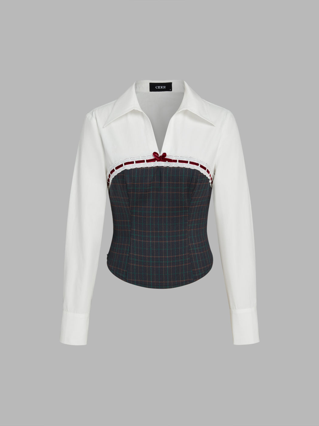  Kragen Karierte Flickwerk Langarm Bluse