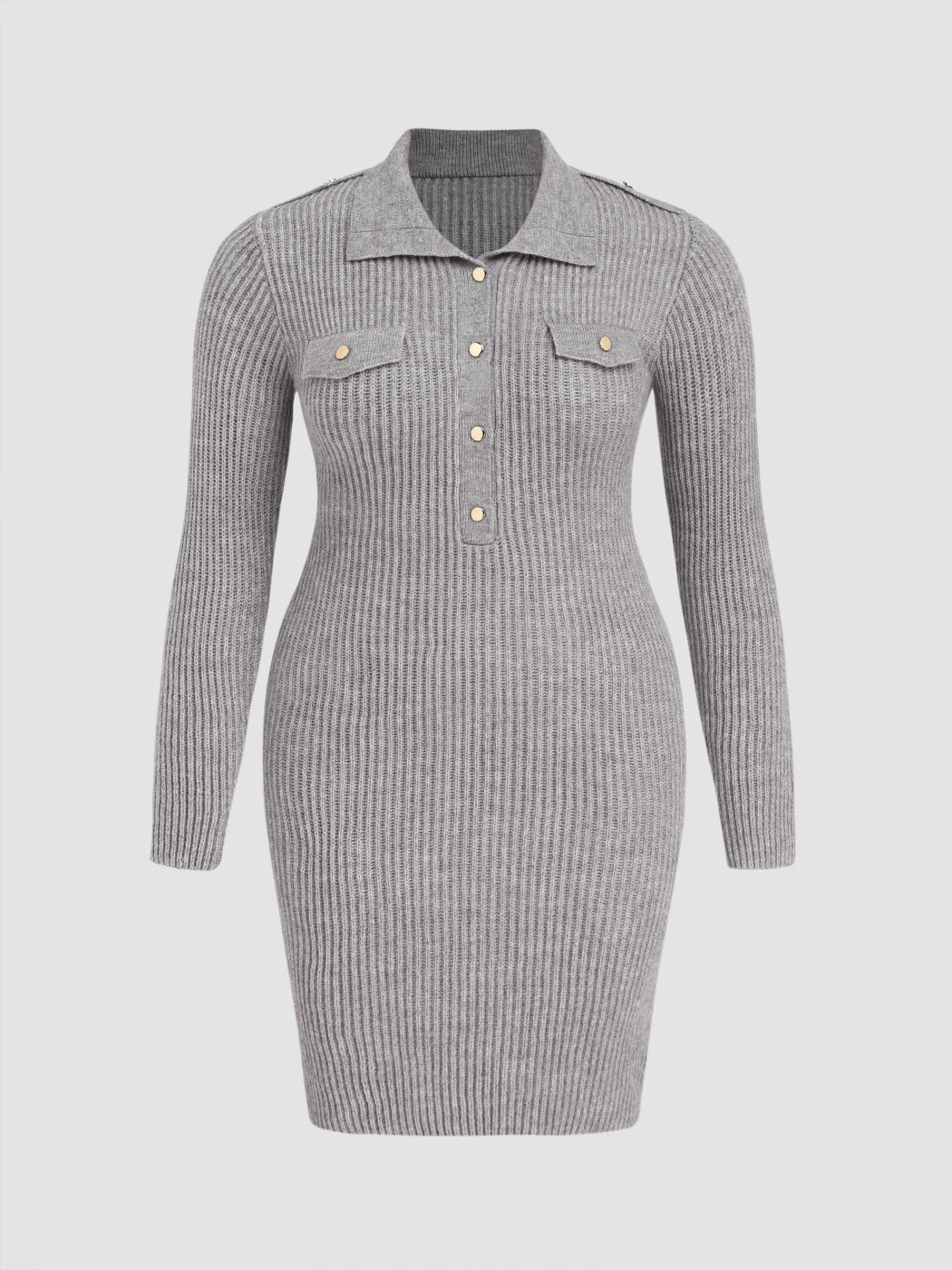  Strick Polo Einfarbiges Knopf Minikleid Kurve & Plus