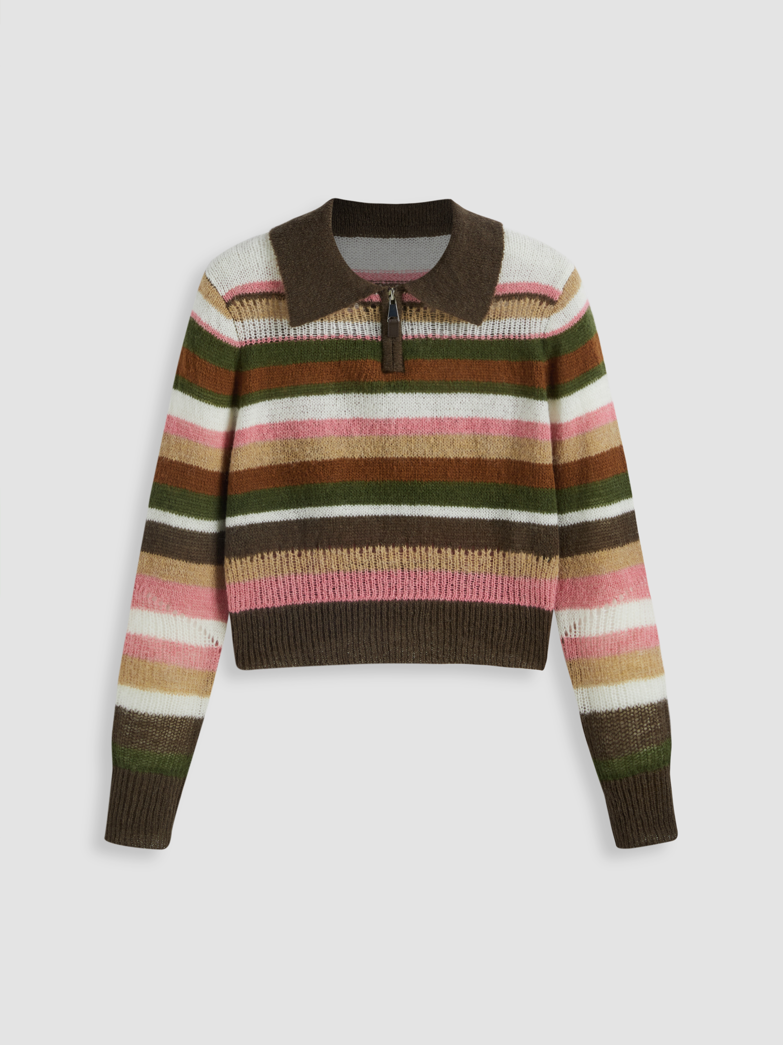 Polo Stripe Knitted Zipper Long Sleeve Top Cider