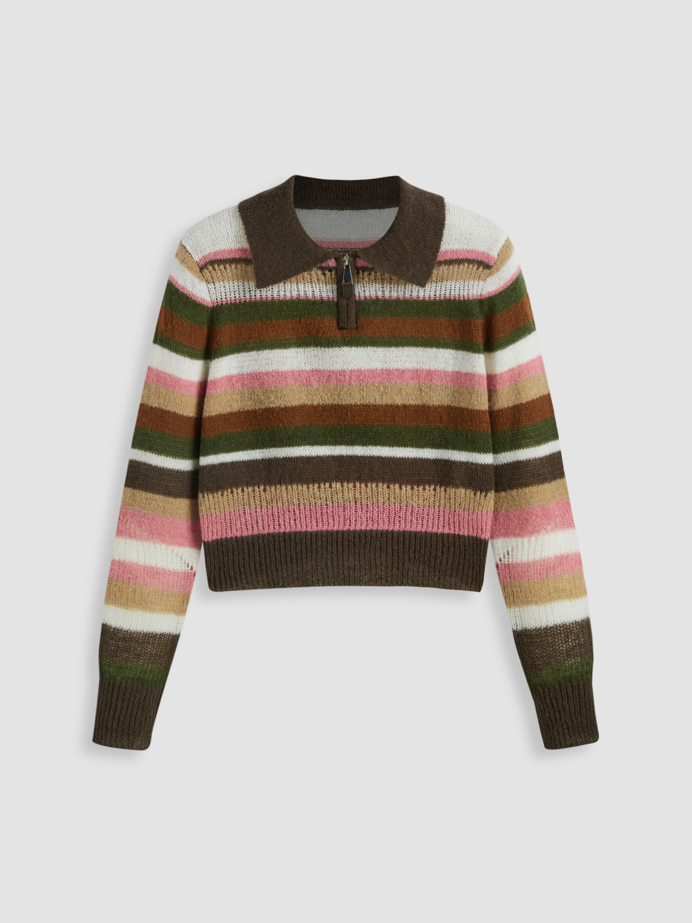 Polo Stripe Knitted Zipper Long Sleeve Crop Top