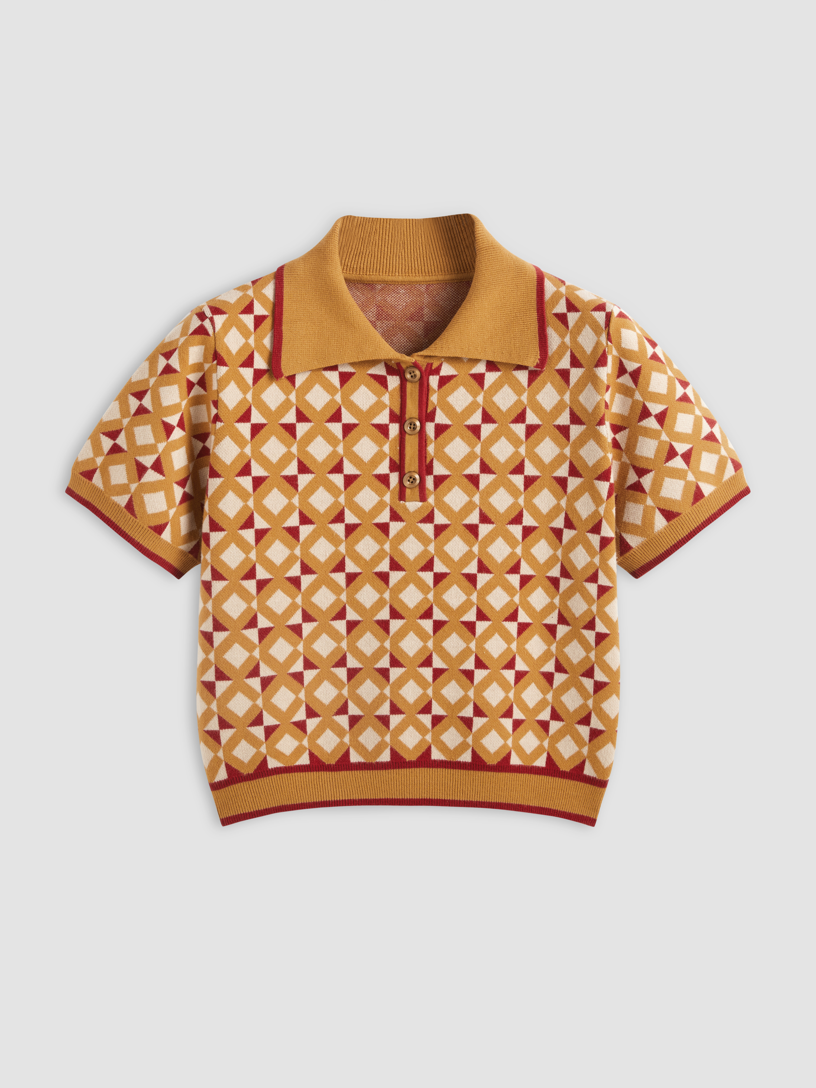 Jacquard Knit Collar Geometric Button Short Sleeve Top Curve