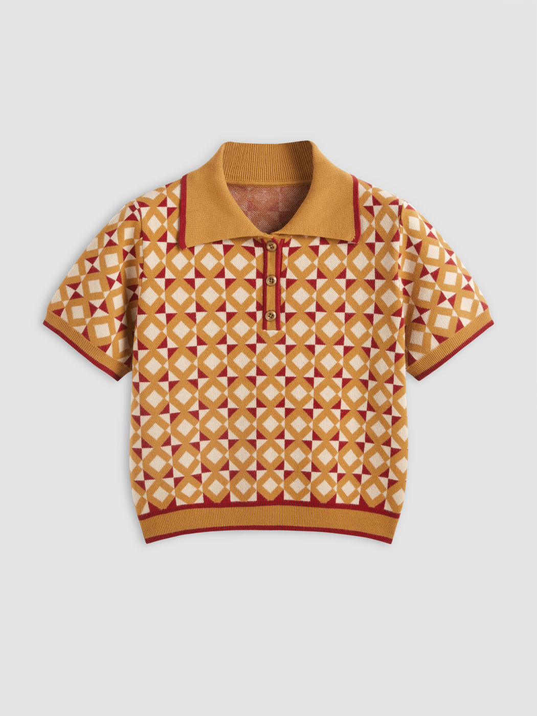 Strickkragen Geometrisch Knopf Kurzärmliges Oberteil Kurve & Plus