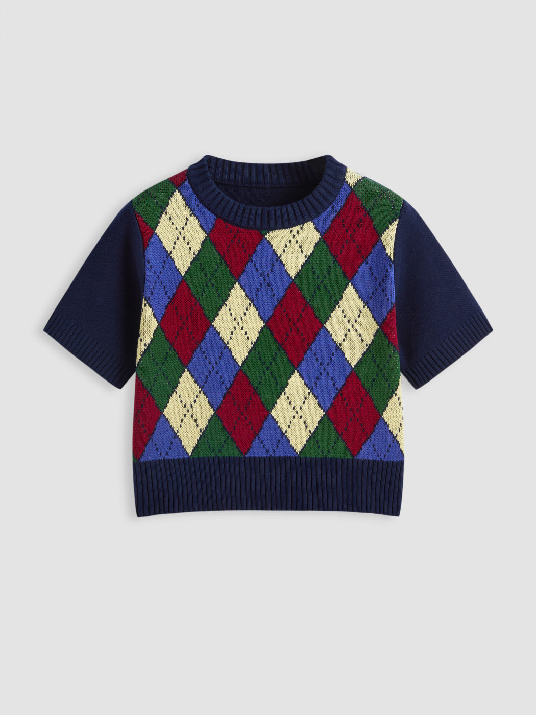 Knit Round Neck Contrasting Rhombus Short Sleeve Top