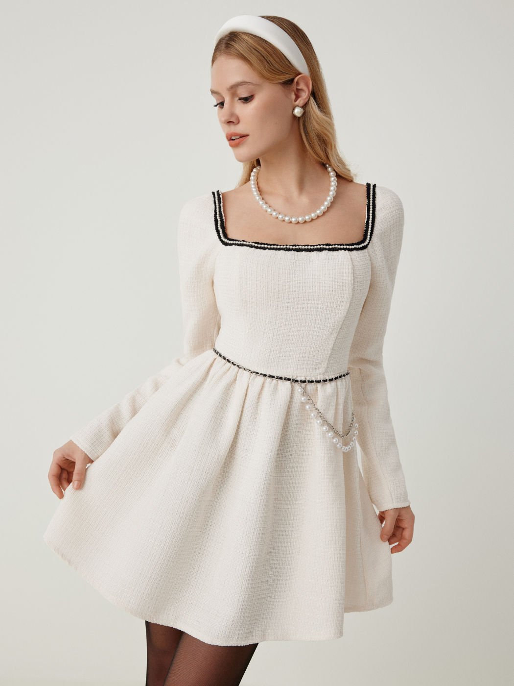  Tweed Quadratischer Ausschnitt Langarm Rüschen Minikleid