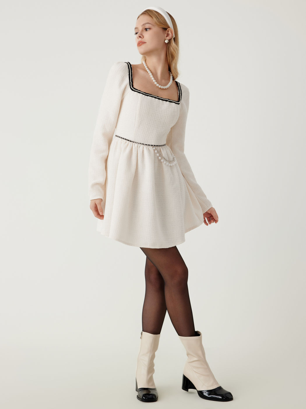  Tweed Quadratischer Ausschnitt Langarm Rüschen Minikleid
