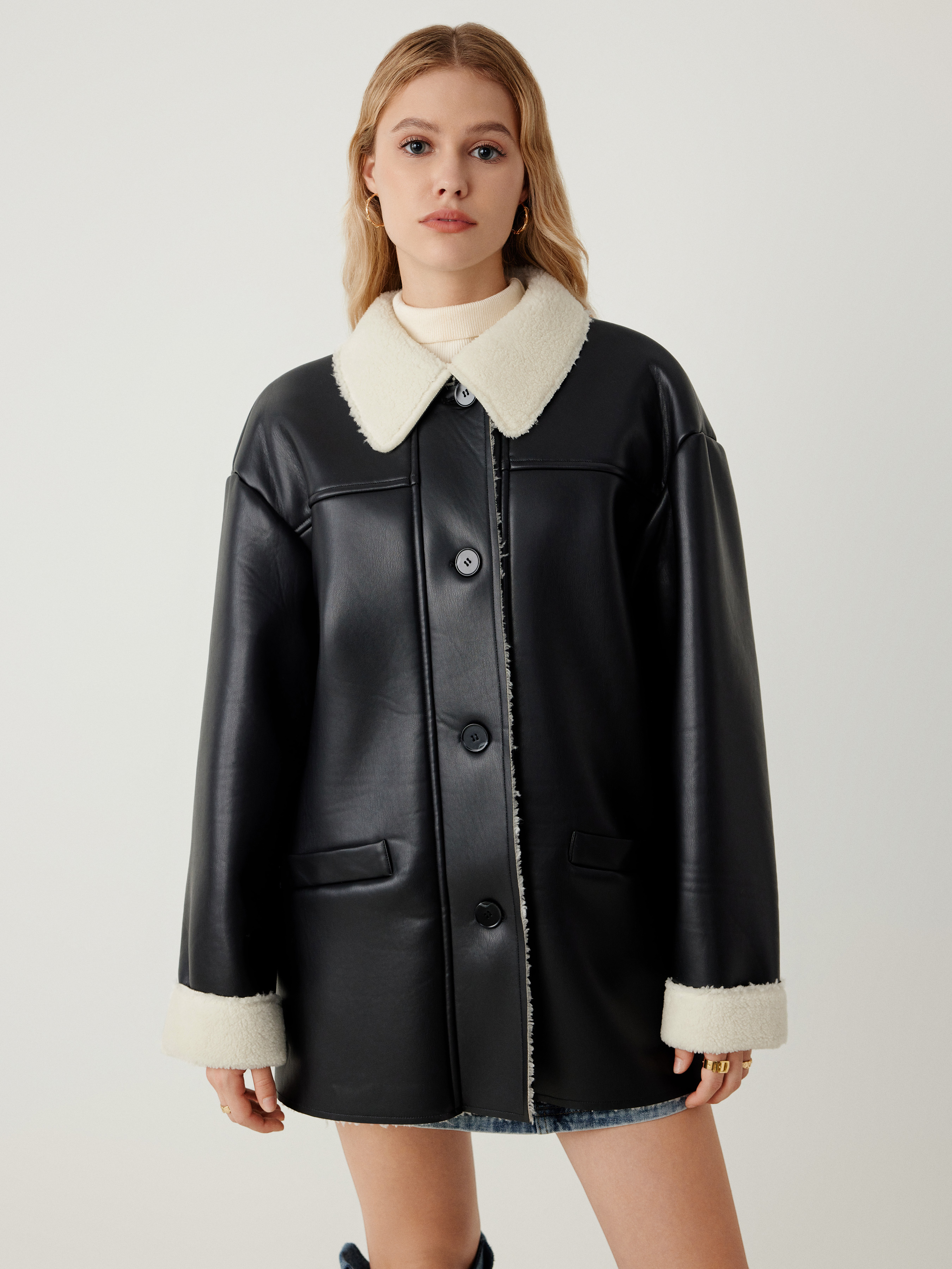 Faux Shearling Solid Contrasting Collar Jacket - Cider