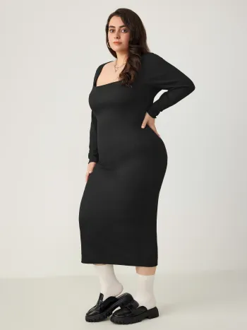  Solid Square Neck Long Sleeve Midi Dress Curve & Plus