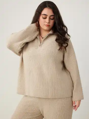 Maglione lavorato a maglia con cerniera solida con colletto in misto lana Curve & Plus