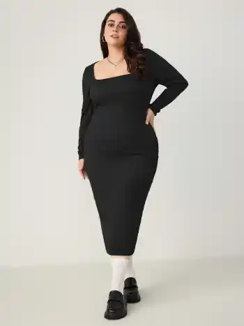  Solid Square Neck Long Sleeve Midi Dress Curve & Plus