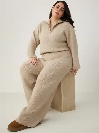 Wool-blend Knitted Mid Waist Wide Leg Trousers Curve & Plus