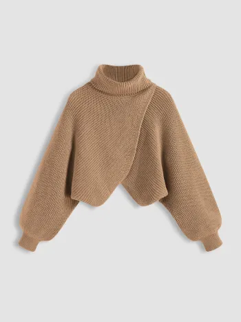 Cuello Alto Sólido Top de Manga Larga de Punto