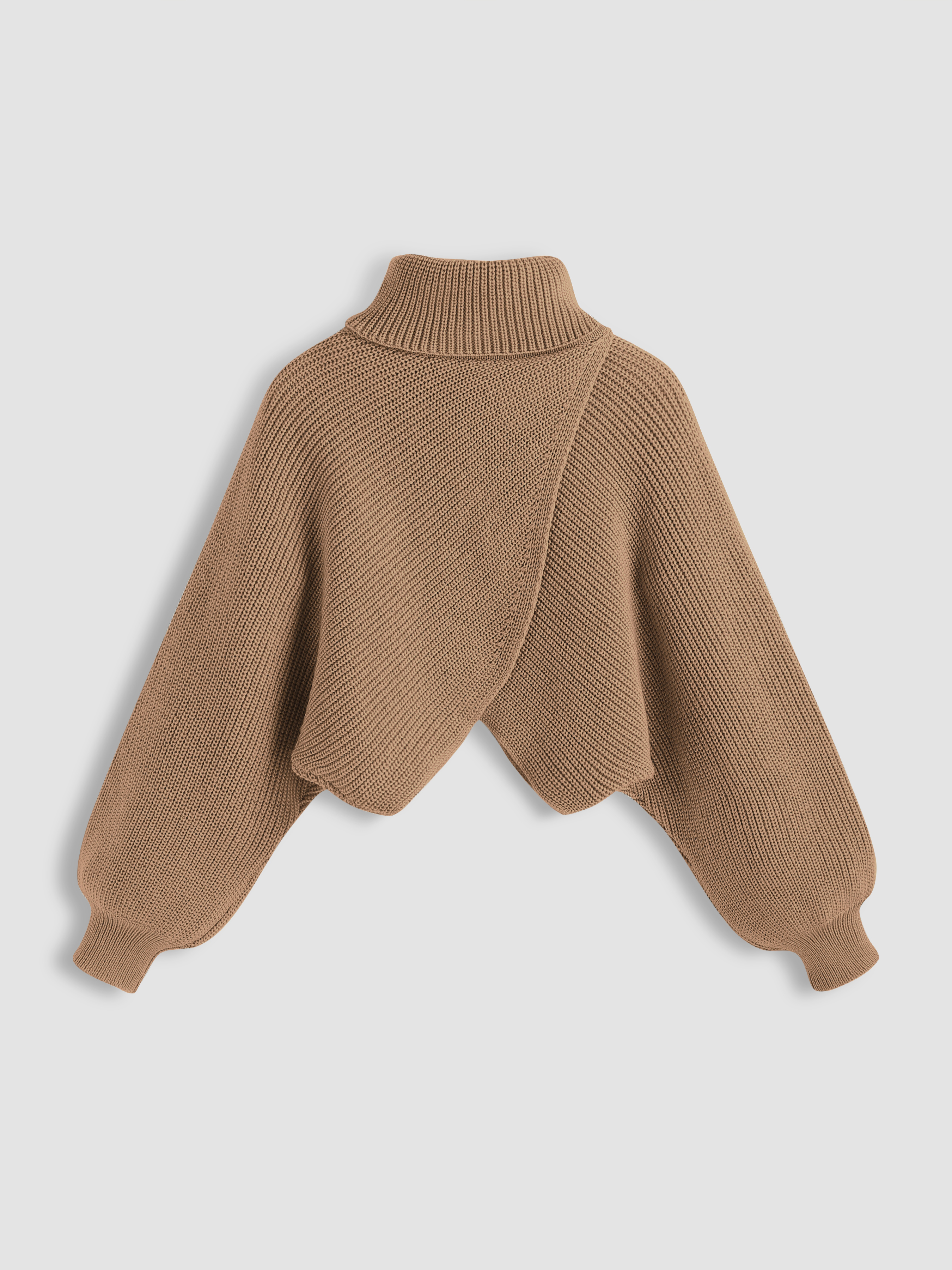 High Neck Solid Knitted Long Sleeve Crop Sweater - Cider