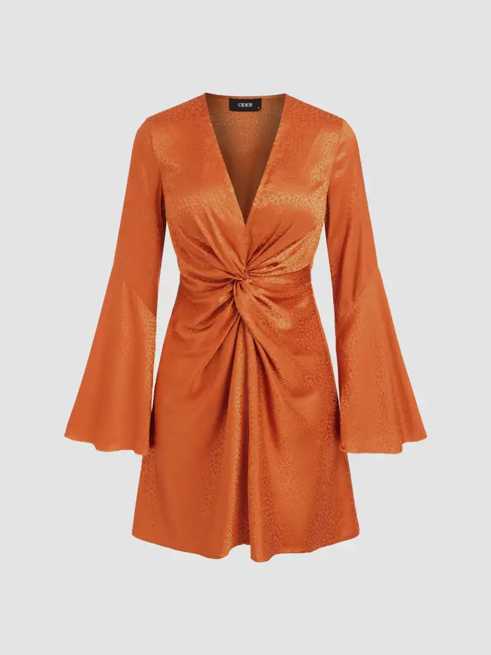 rust satin twist front open sleeve wrap dress V-neck Leopard Bell Mini For Date Party/Clubbing subtle sheen Baltic Born Womens Prague Satin
