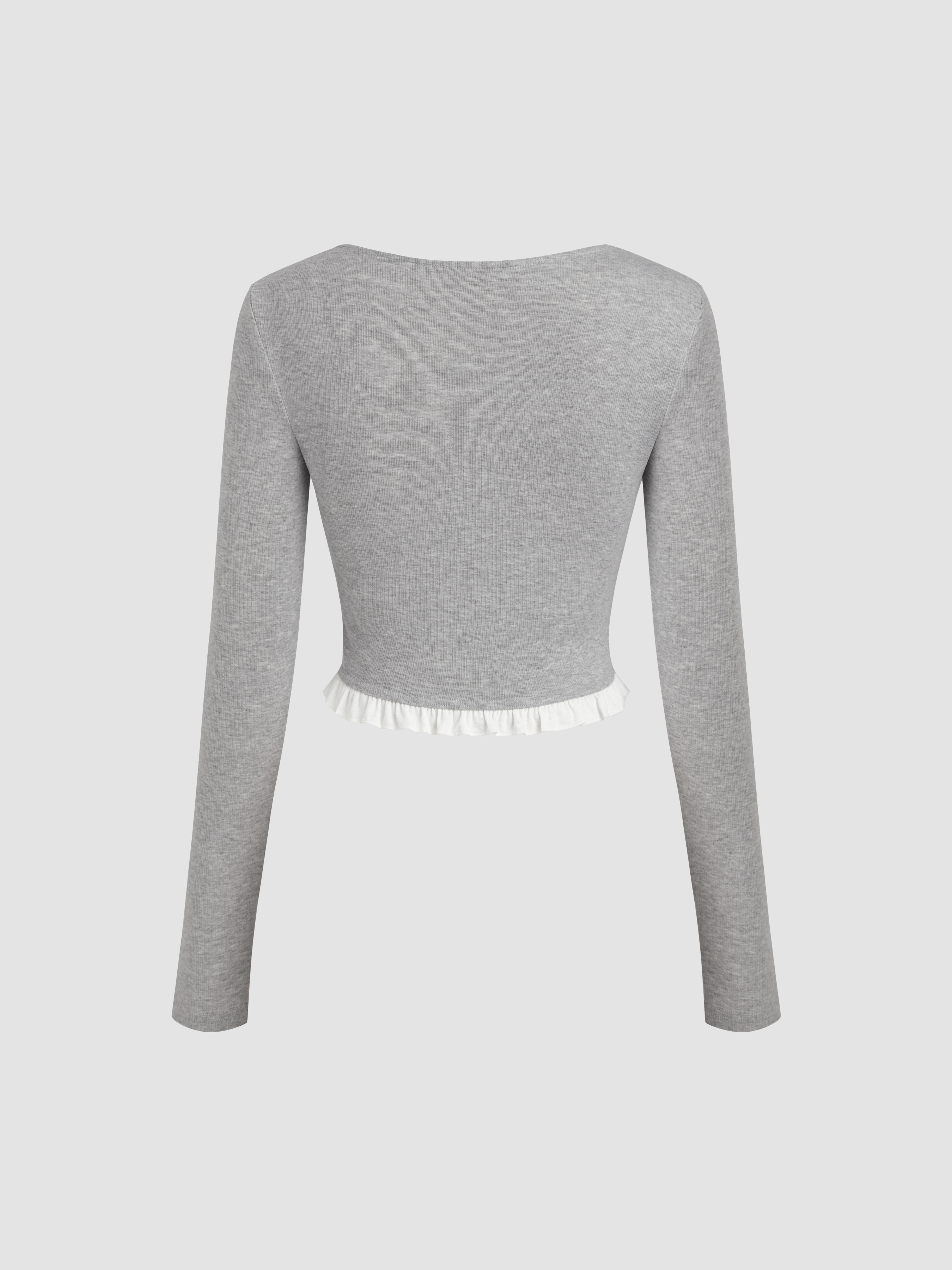 Square Neck Solid Ruffle Hem Long Sleeve Crop Top For Daily