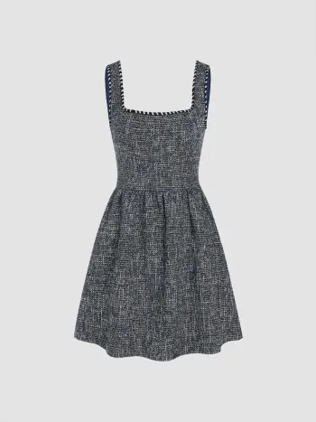 Tweed U-neckline Solid Mini Dress