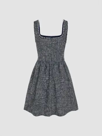 Tweed U-neckline Solid Mini Dress