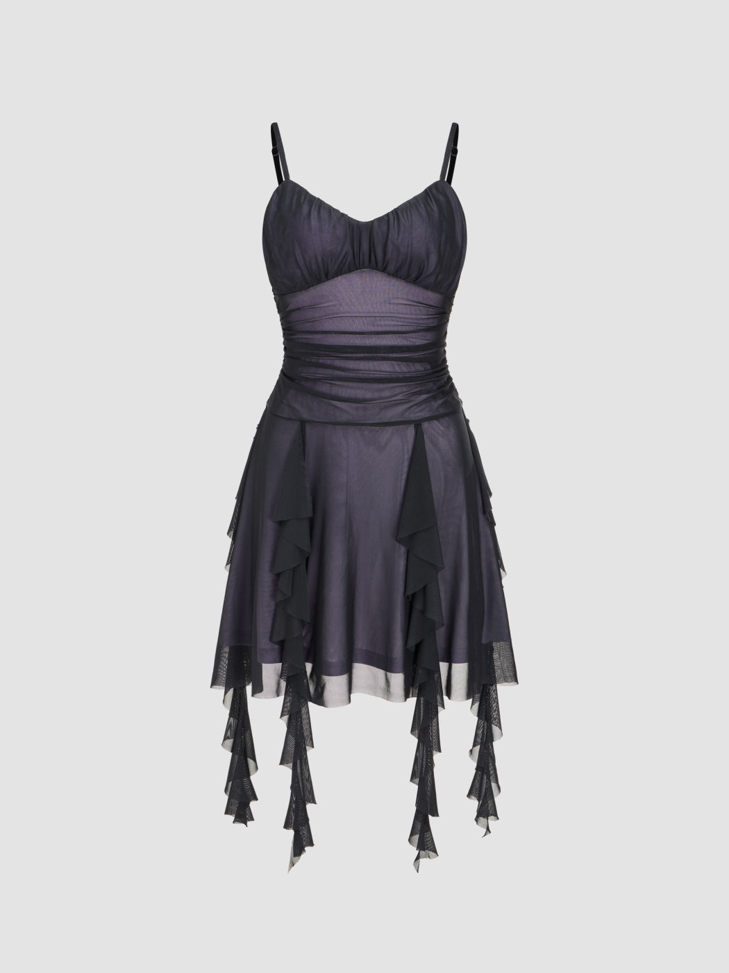 Mesh V-neck Ruched Ruffle Hem Mini Dress