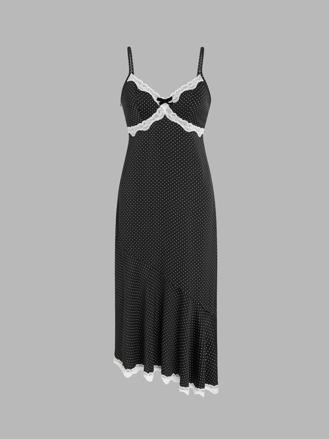 Satin V-neck Lace Spot Ruffle Midi Dress