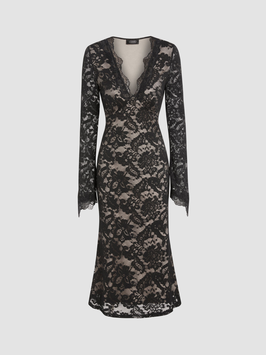 Vestido Midi Sirena con Cuello en V de Encaje