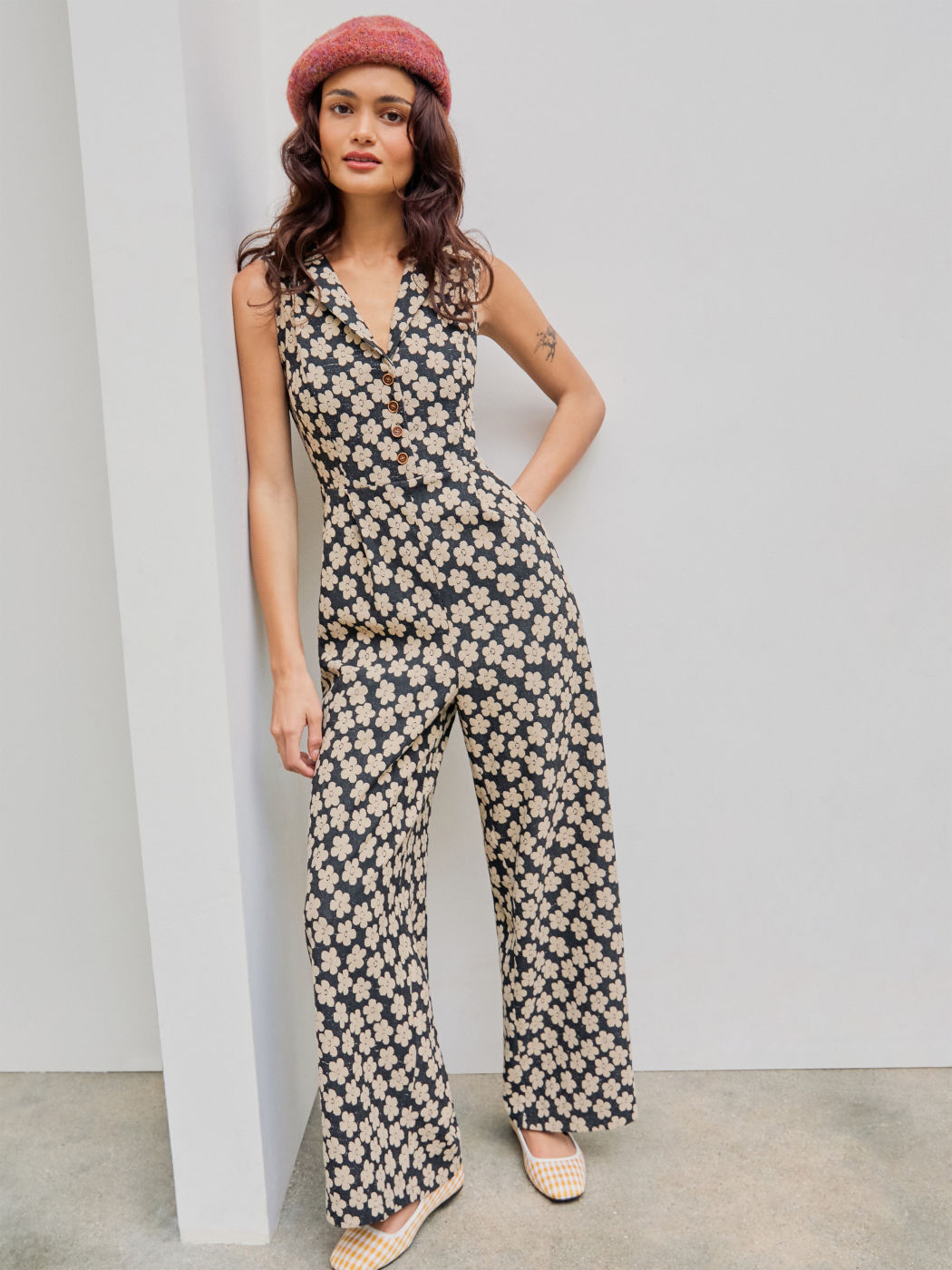 Collar Floral Wide Leg Jumpsuit