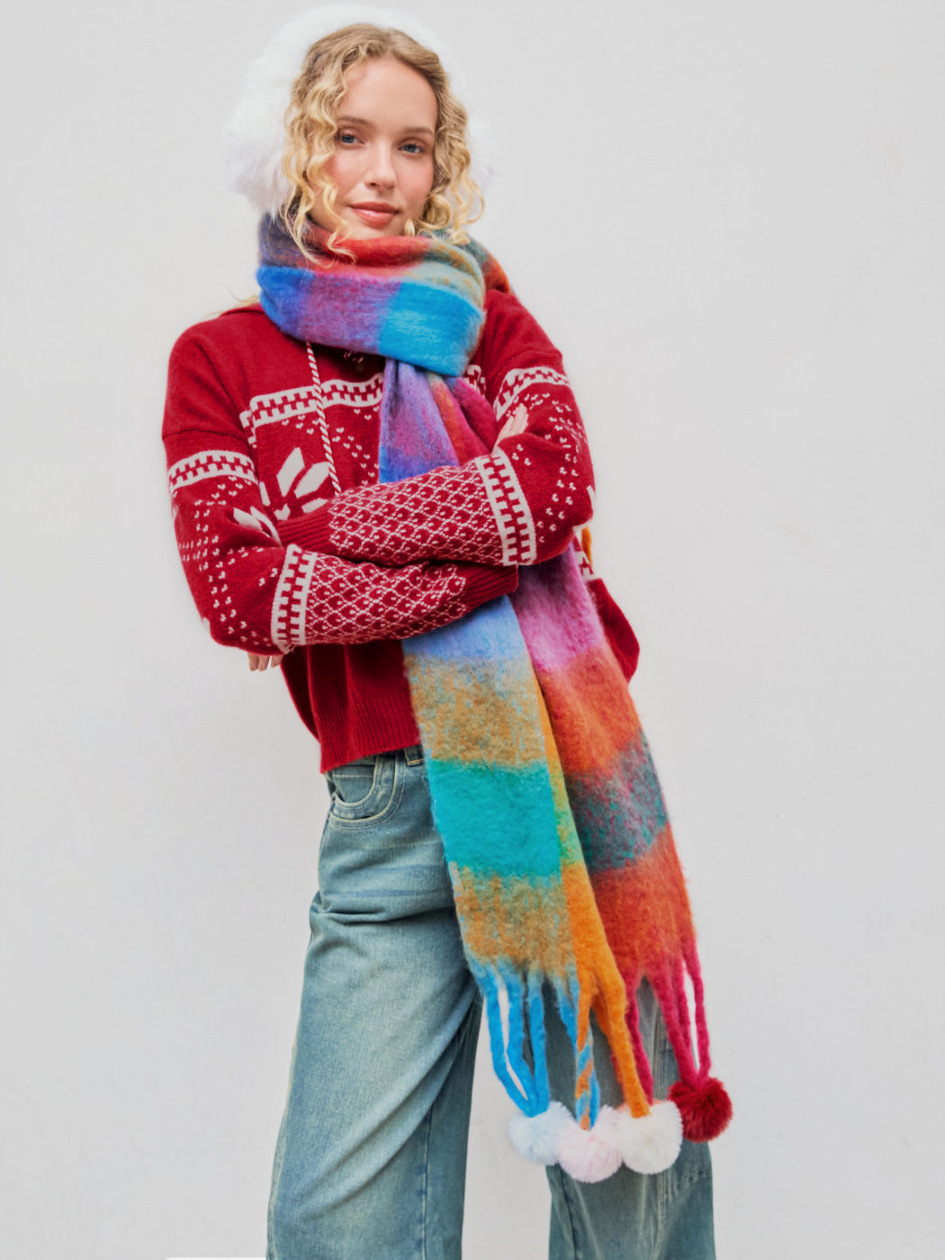 CHECK BALL TASSEL SCARF