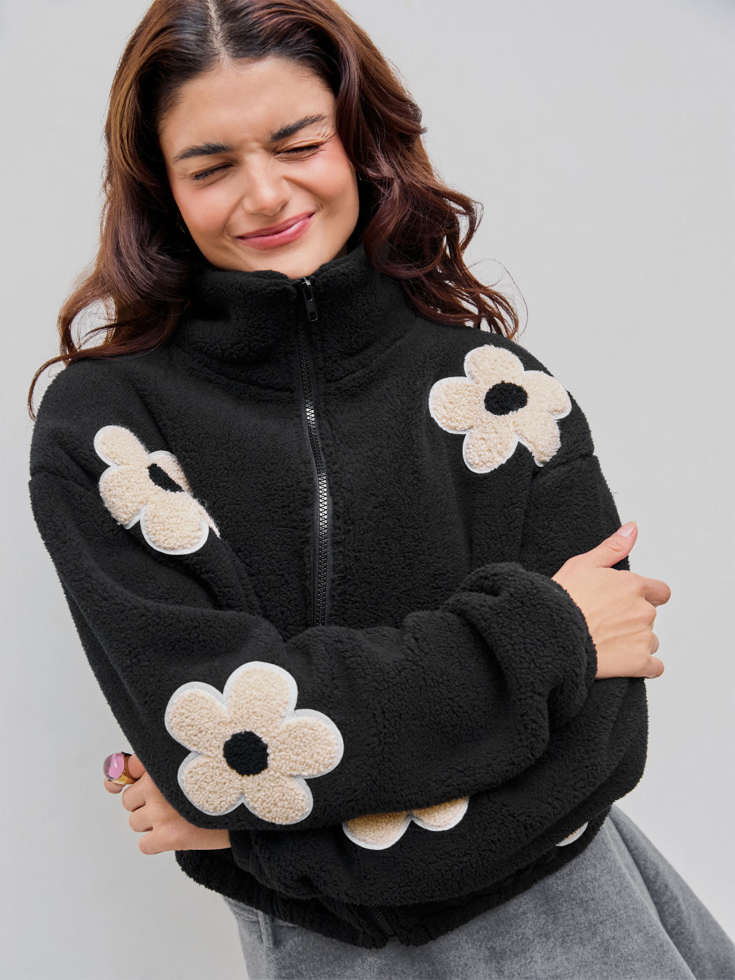 Floral Fleece Zipper Front Jacket
