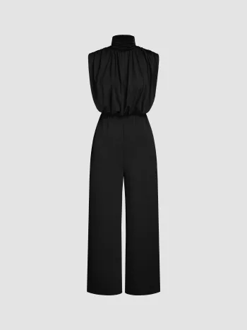 High Neck Solid Zipper Ruched Jumpsuit