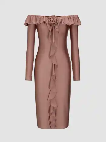  Schulterfreies 3D-Rosen-Rüschen-Saum Midikleid