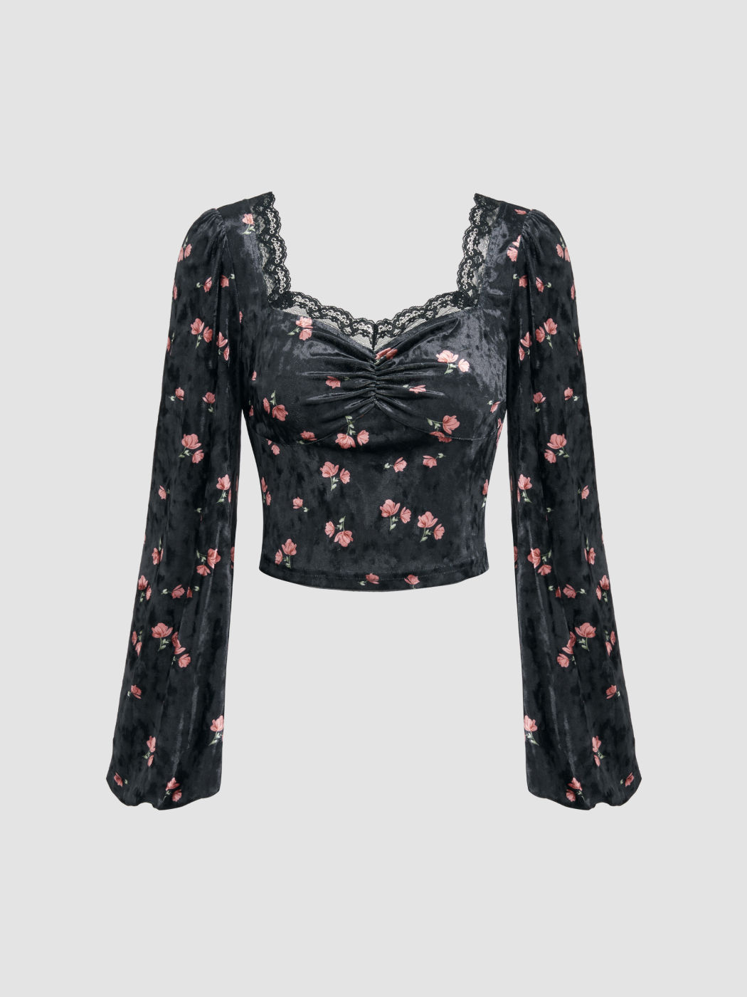  Samt Sweetheart Floral Spitze Langarm Bluse Kurve & Plus