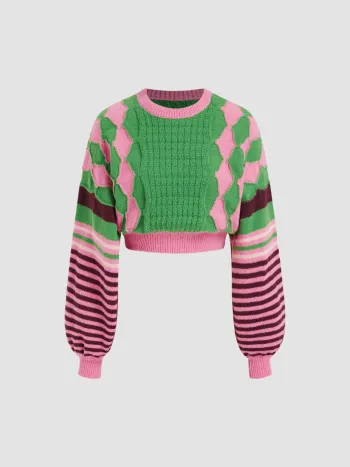  Rundhalsausschnitt Position Streifen Gestrickter Crop Pullover