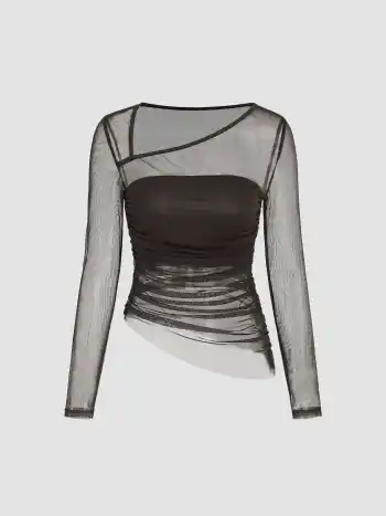 Mesh Asymmetrical Neck Long Sleeve Top