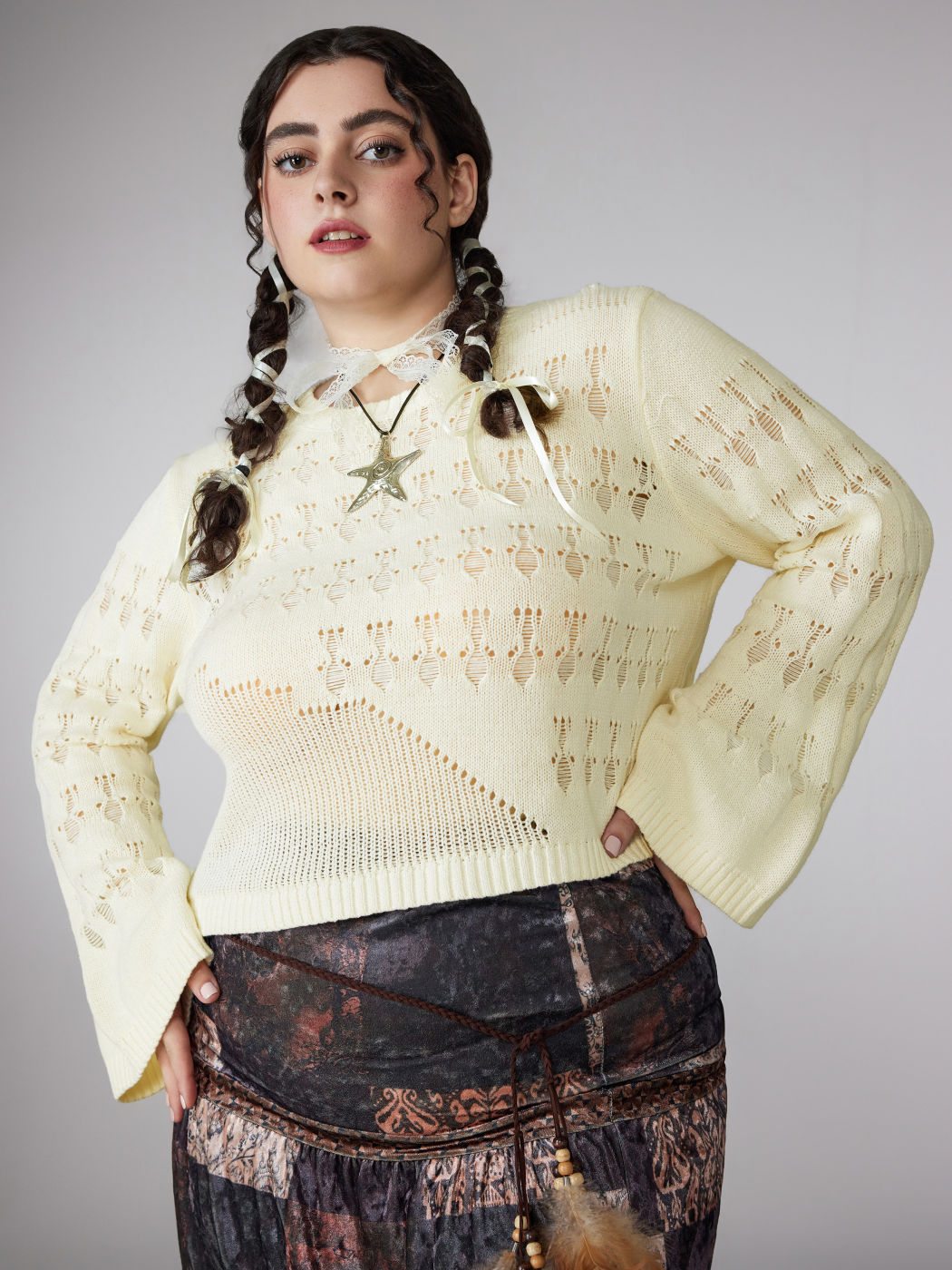 Knit Round Neckline Solid Hollow Out Long Sleeve Top Curve & Plus