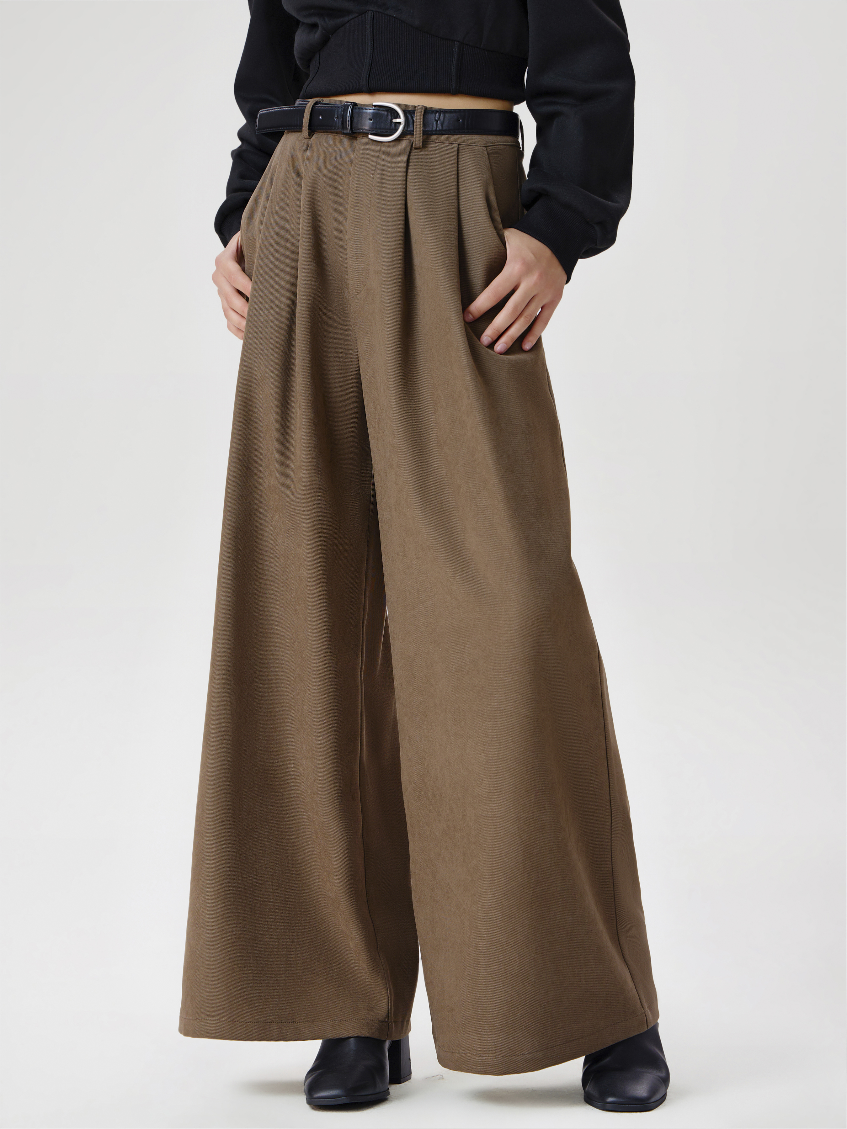 Mid Waist Solid Pleated Wide Leg Trousers With Belt