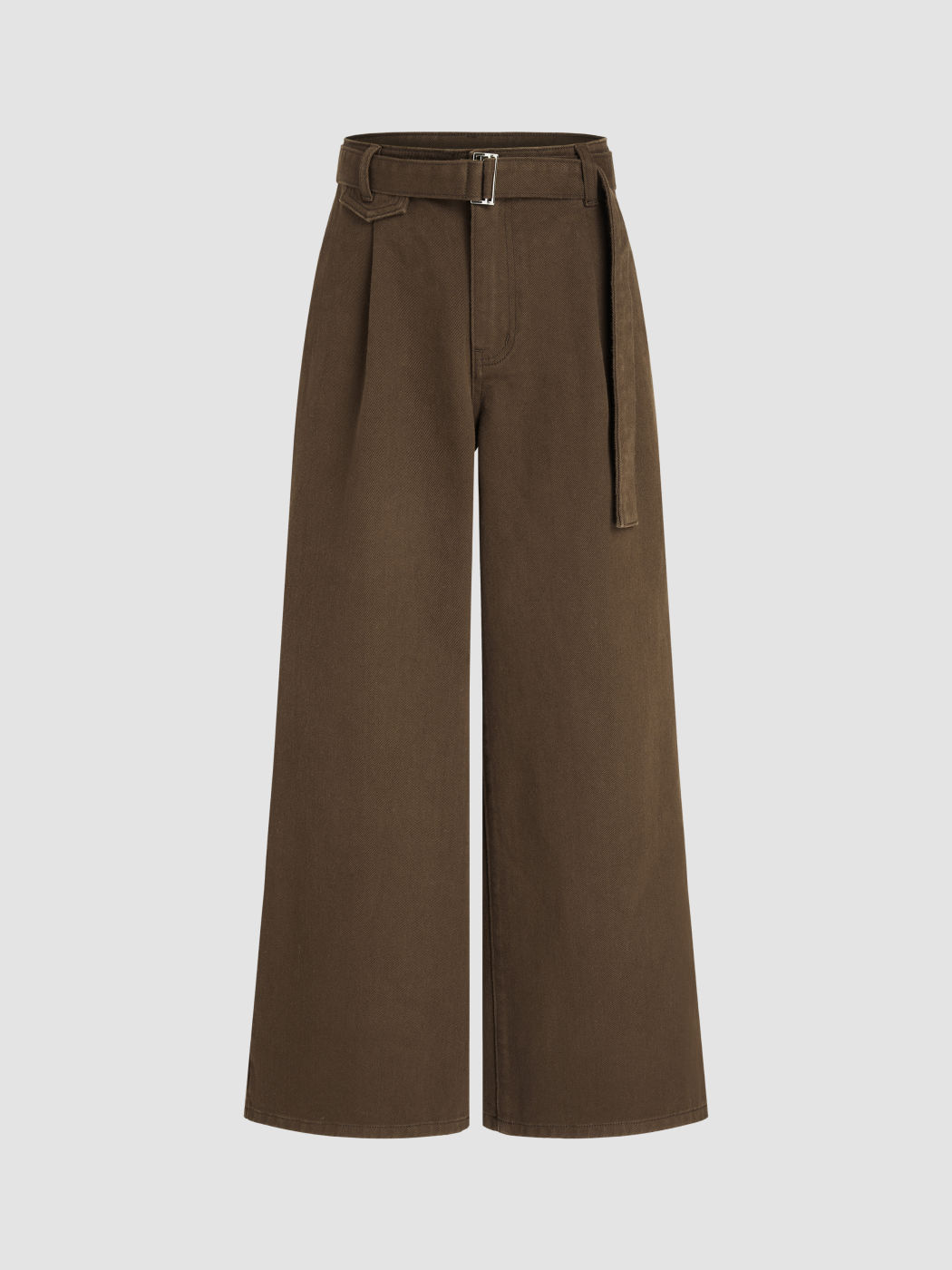 Denim Mid Waist Solid Belted Wide Leg Jeans