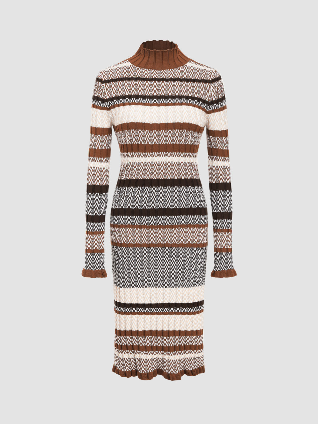  Retro Streifen Rüschen Saum Langärmliges Strick Midikleid