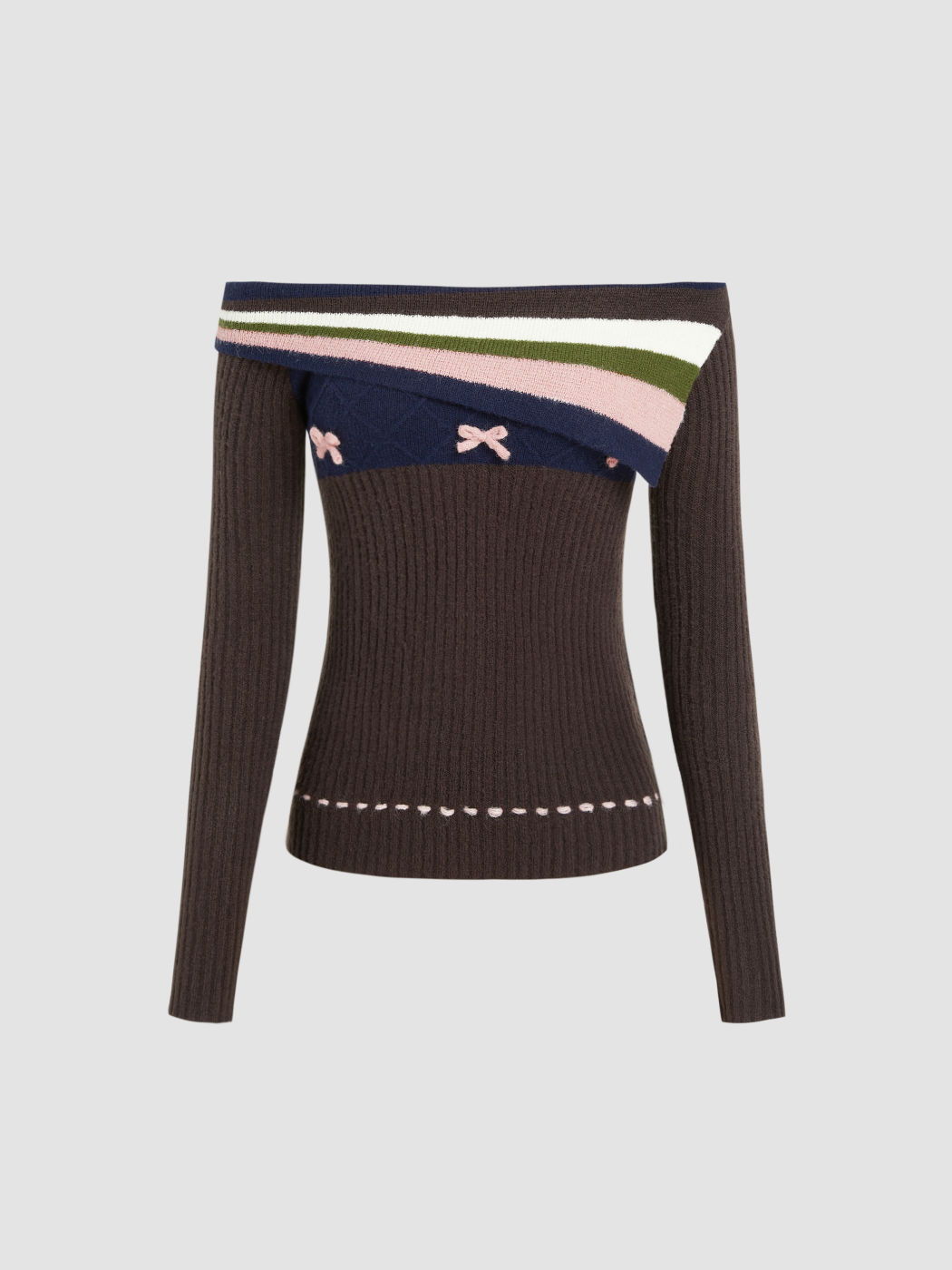 Off-shoulder Bowknot Striped Knitted Top