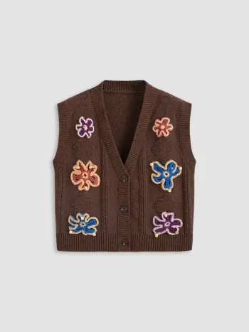  Strick V-Ausschnitt Retro Blume Kurze Weste