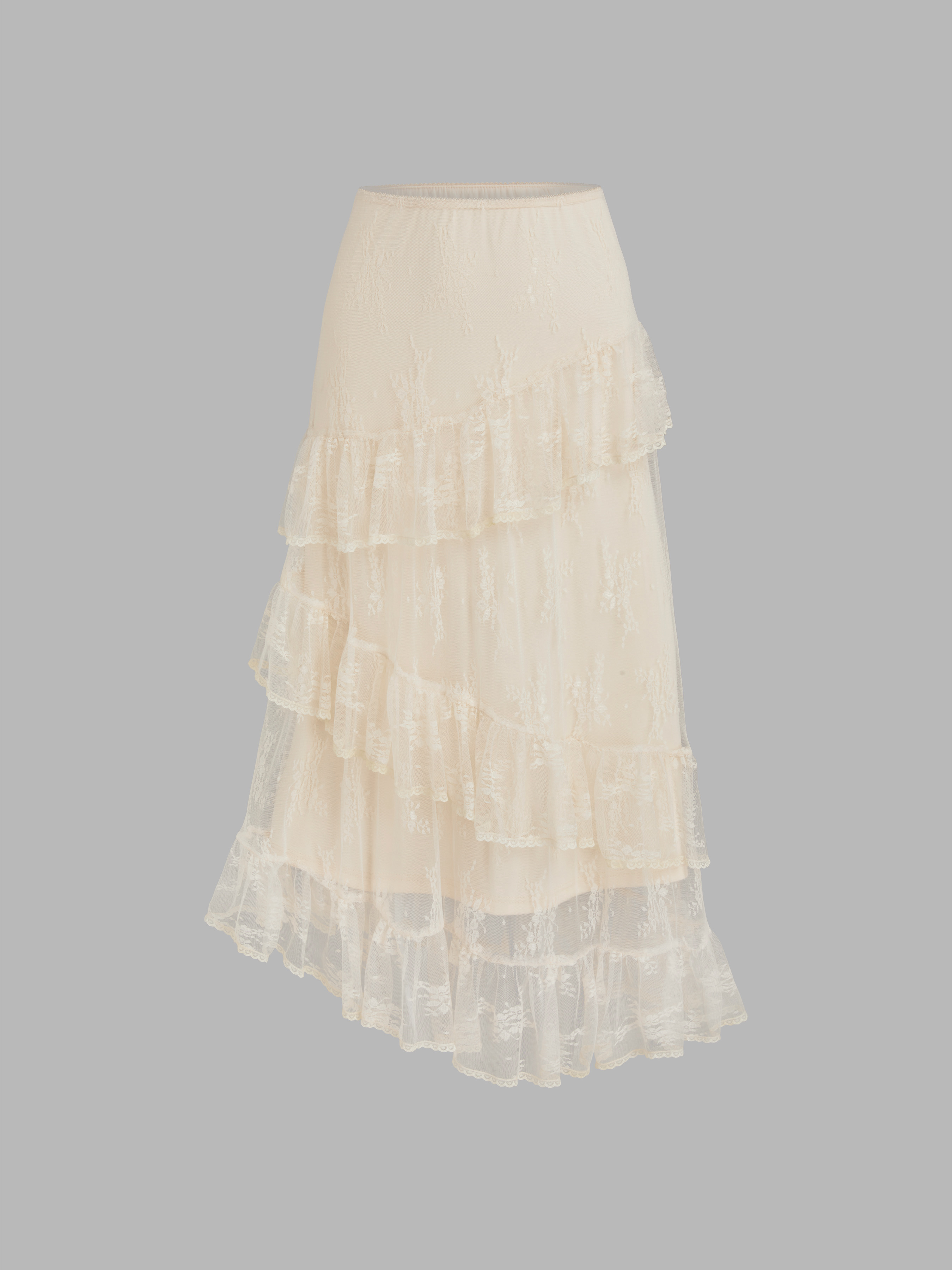 Lace Asymmetrical Ruffle Hem Maxi Tulle Skirt