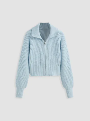 Einfarbiges Strick-Polo-Zipper-Kardigan