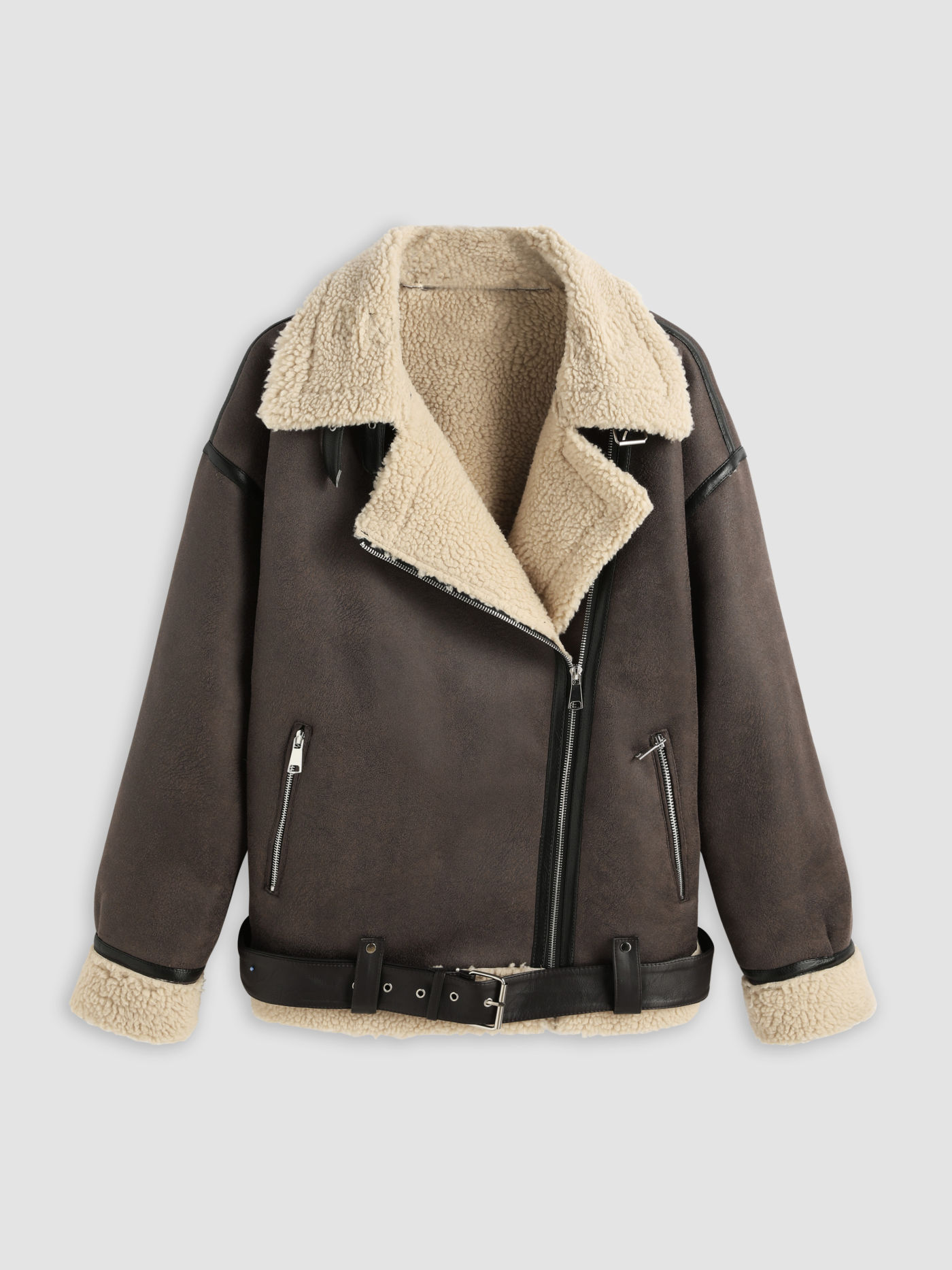 Faux Shearling Biker Jacket With Belt