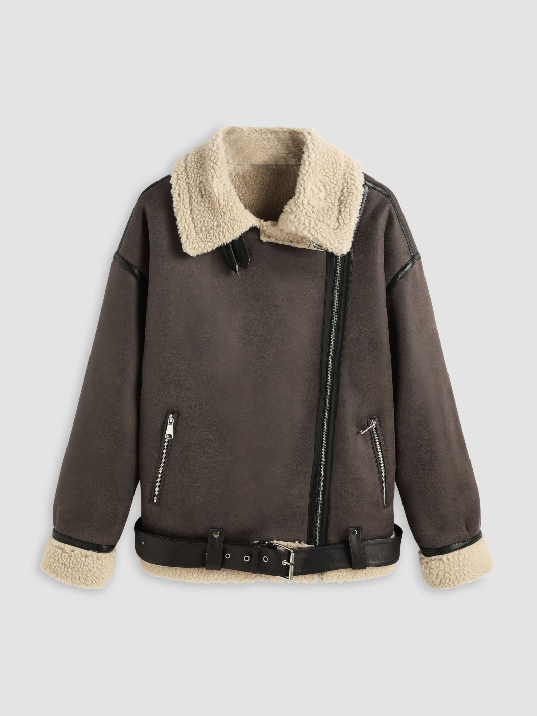Giacca biker in finto shearling con cintura