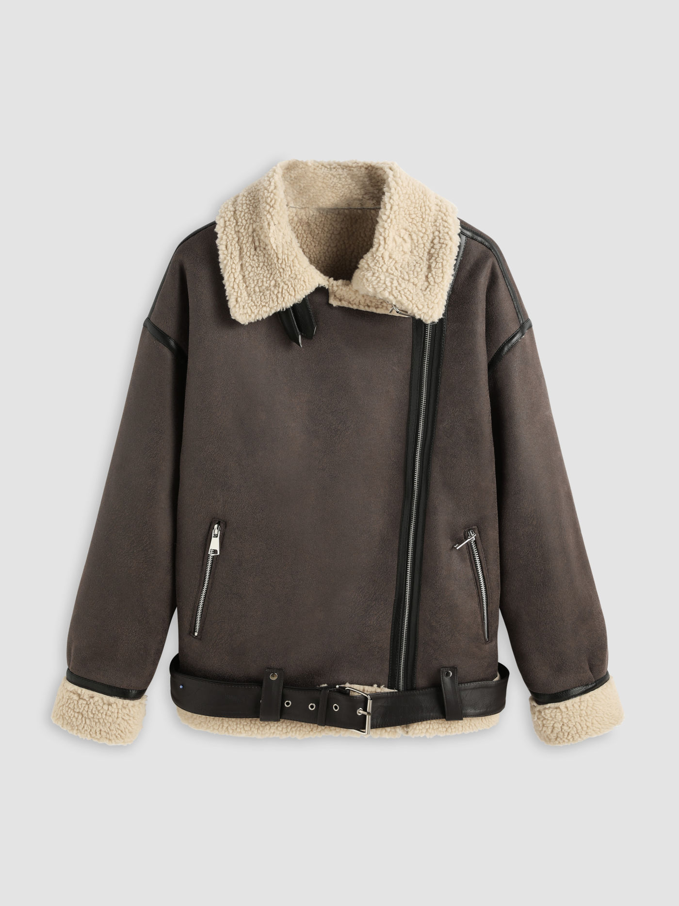 Faux Shearling Biker Jacket With Belt