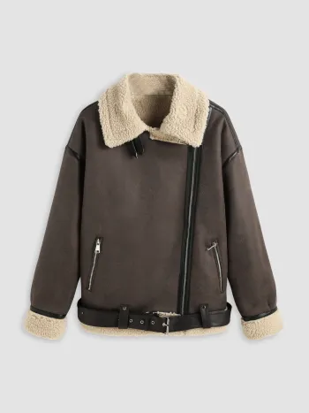 Faux-Shearling Bikerjacke mit Gürtel