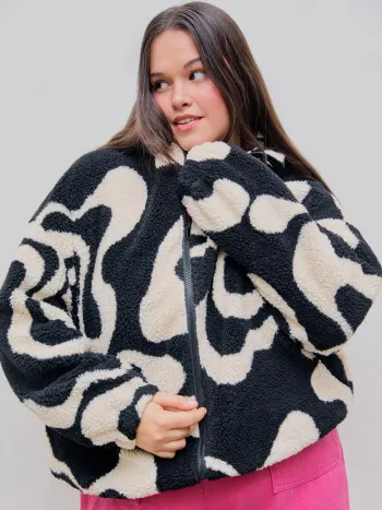 Oversized Print Fleece Zip-Up Jacke Kurve & Plus