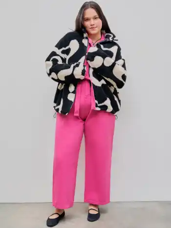 Oversized Print Fleece Zip-Up Jacke Kurve & Plus